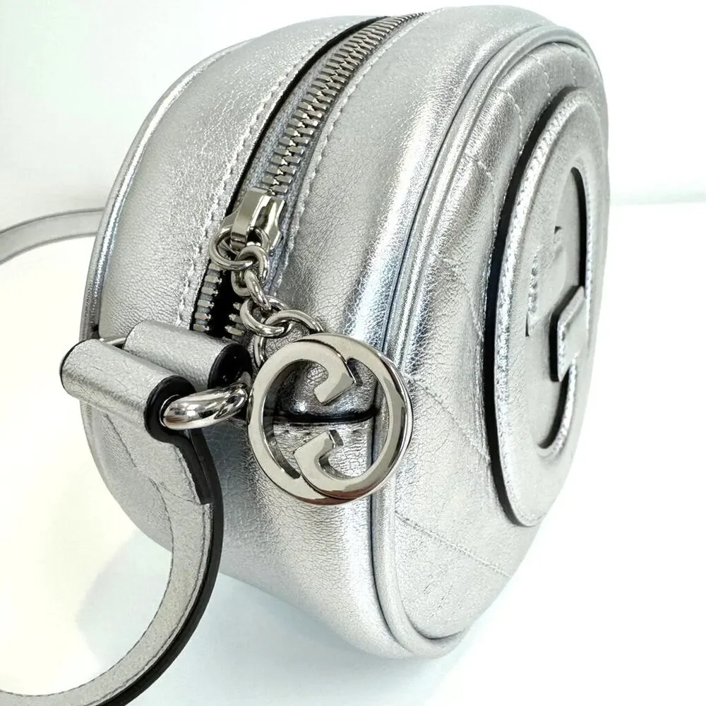GUCCI Silver Leather GG Logo Oval Blondie Crossbody Bag Metallic Stripe Handbag